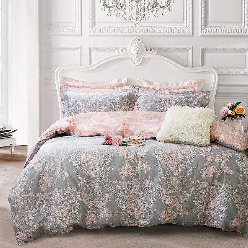 Blush Pink Girls Vuodevaatteet Setti 100% Puuvillaa Damask Kukkaiset Vetoketjullinen Pussilakana