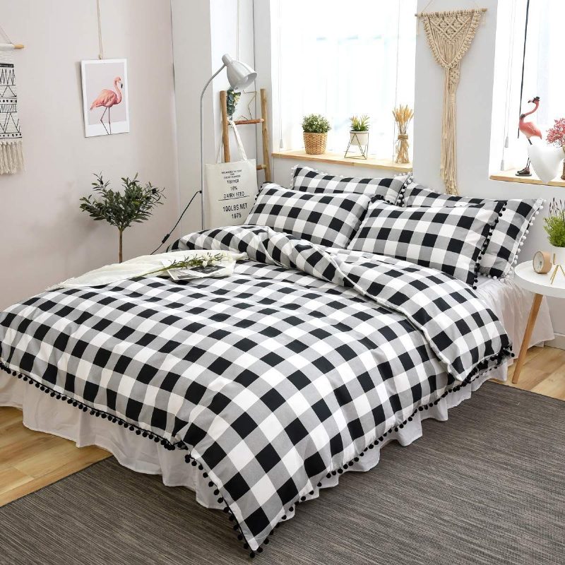 Buffalo Plaid Moderni Vuodevaatteet Setti 3 Kpl Pom Pom Fringe Pussilakanasetti