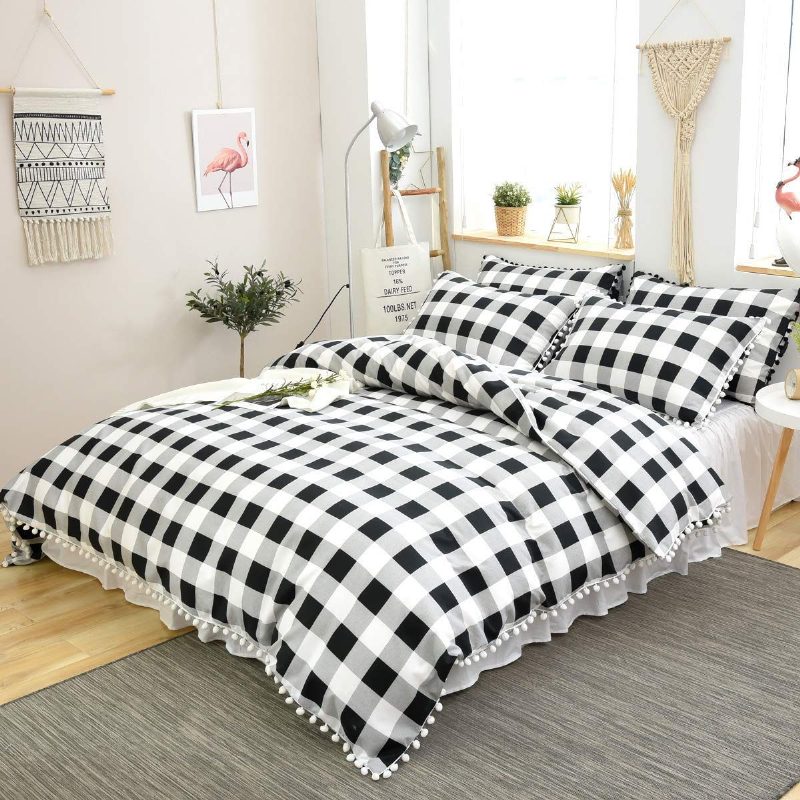 Buffalo Plaid Moderni Vuodevaatteet Setti 3 Kpl Pom Pom Fringe Pussilakanasetti