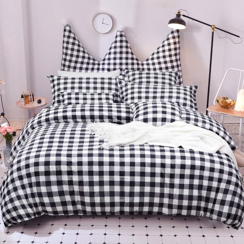 Buffalo Plaid Pussilakanasetti 100 % Puuvillaa Hypoallergeeninen 3 Kpl Musta Ja Valkoinen Gingham Geometric Checker Vuodevaatteet Setti