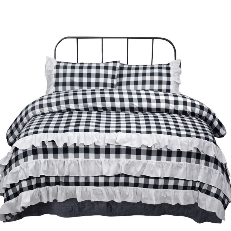 Buffalo Plaid -vuodevaatteet King Size 3 -osainen Maalaistalon Pussilakana (kuningas Mustavalkoinen Ruudullinen)