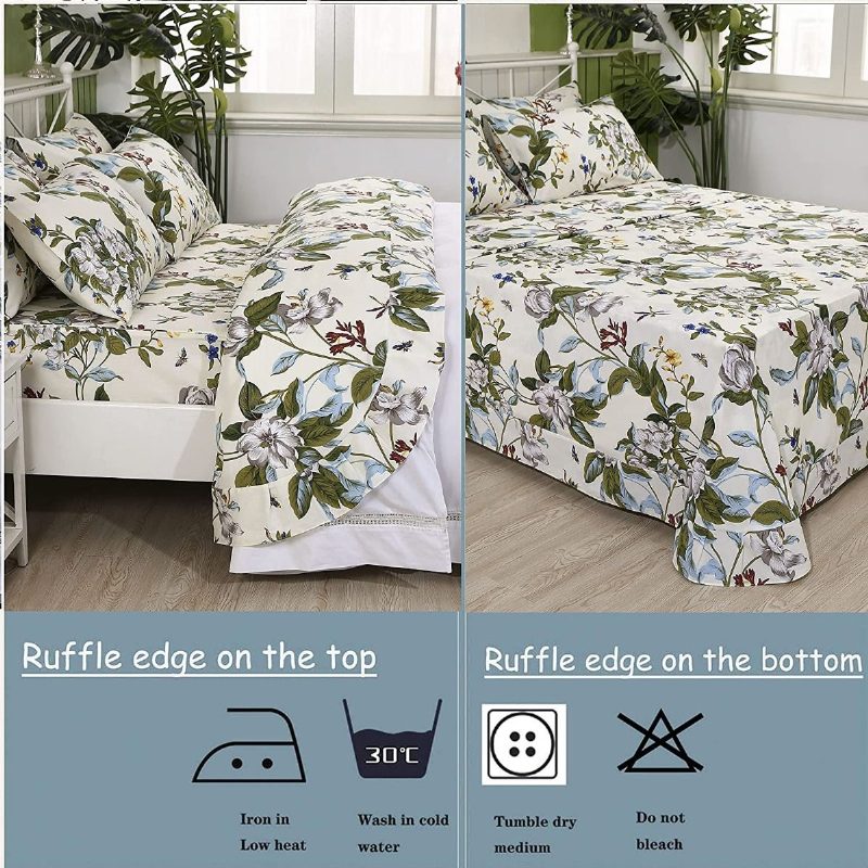 Farmhouse Shabby Floral Vuodevaatteet Setti 100 % Puuvillaa 600 Tc Vintage Flower Botanical Print Lakanat Valkoinen Kukka Ja Vihreät Lehdet Deep Pocket Vuodelakana