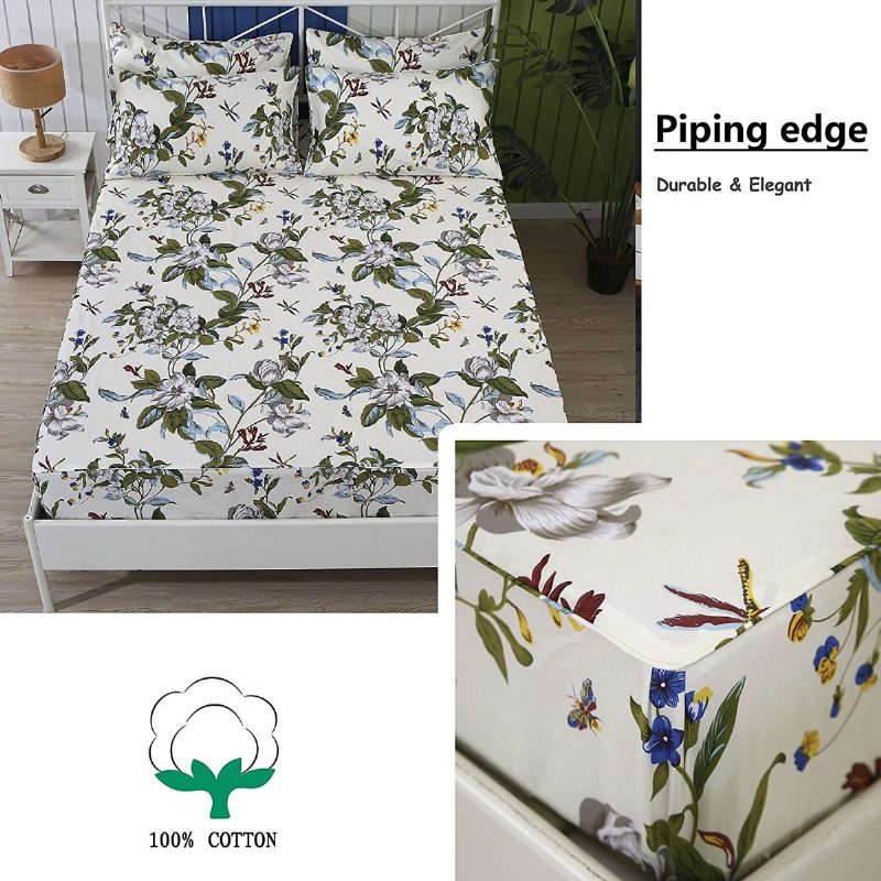 Farmhouse Shabby Floral Vuodevaatteet Setti 100 % Puuvillaa 600 Tc Vintage Flower Botanical Print Lakanat Valkoinen Kukka Ja Vihreät Lehdet Deep Pocket Vuodelakana