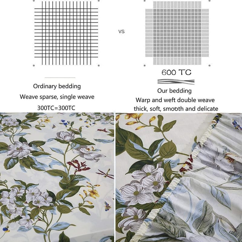 Farmhouse Shabby Floral Vuodevaatteet Setti 100 % Puuvillaa 600 Tc Vintage Flower Botanical Print Lakanat Valkoinen Kukka Ja Vihreät Lehdet Deep Pocket Vuodelakana