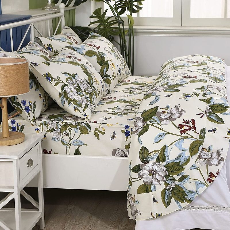 Farmhouse Shabby Floral Vuodevaatteet Setti 100 % Puuvillaa 600 Tc Vintage Flower Botanical Print Lakanat Valkoinen Kukka Ja Vihreät Lehdet Deep Pocket Vuodelakana