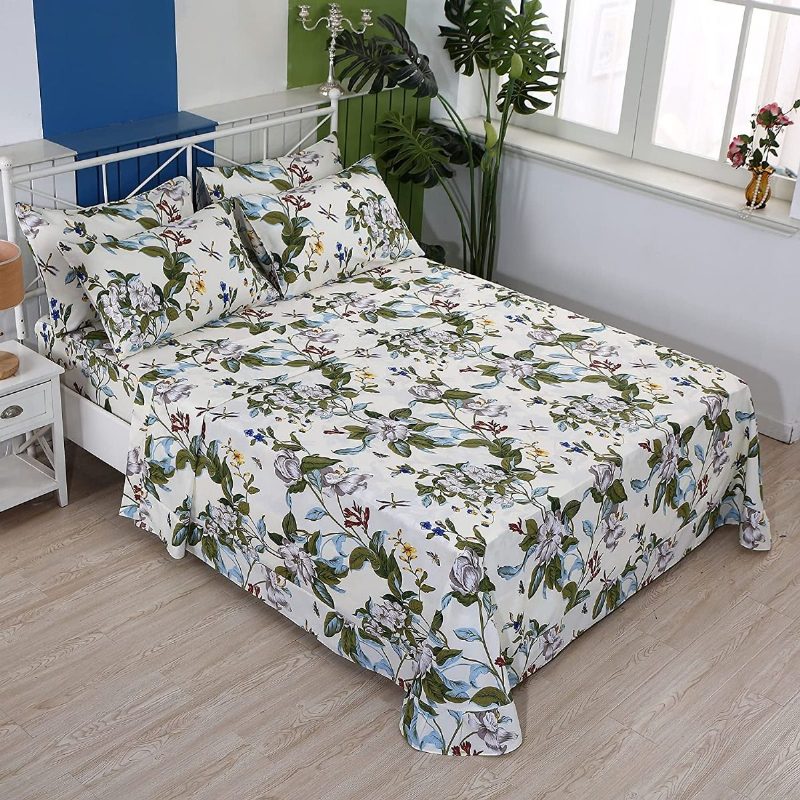 Farmhouse Shabby Floral Vuodevaatteet Setti 100 % Puuvillaa 600 Tc Vintage Flower Botanical Print Lakanat Valkoinen Kukka Ja Vihreät Lehdet Deep Pocket Vuodelakana