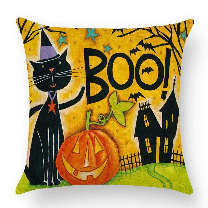 Halloween Tyynynpäälliset Liinavaatteet Tyynynpäällinen Kurpitsa Ja Kissa Happy Square Säkkikangas Koristeellinen 18x18 Tuumaa 4 Kpl