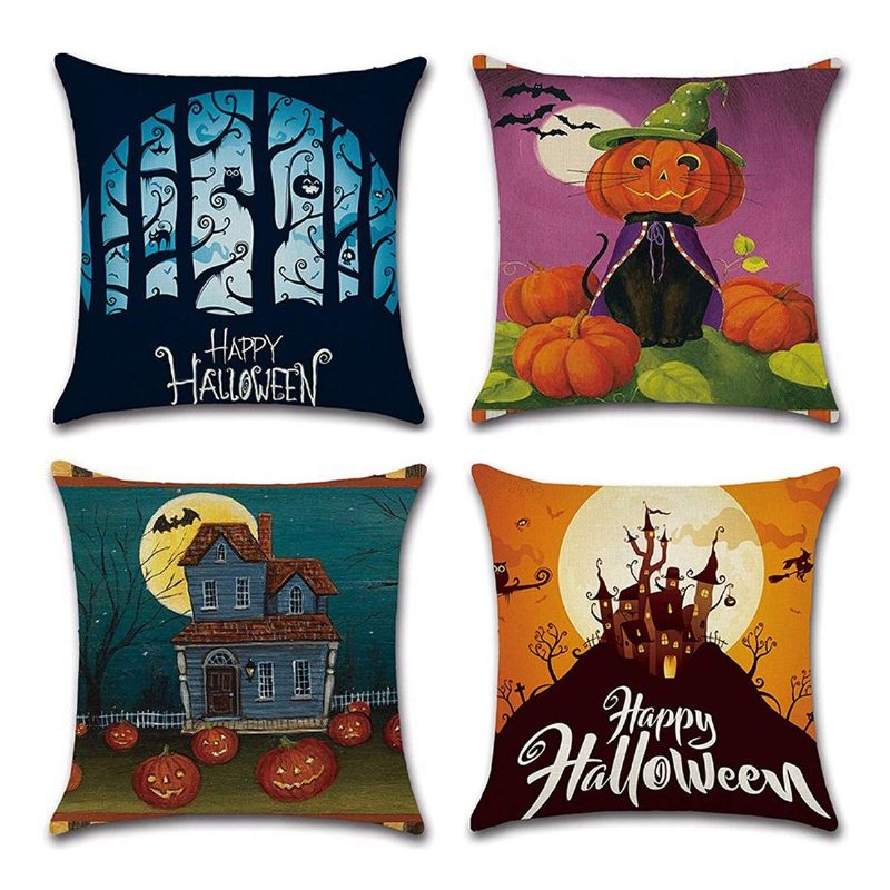 Halloween Tyynynpäälliset Liinavaatteet Tyynynpäällinen Kurpitsa Ja Kissa Happy Square Säkkikangas Koristeellinen 18x18 Tuumaa 4 Kpl