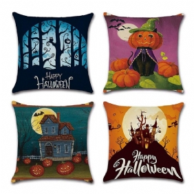 Halloween Tyynynpäälliset Liinavaatteet Tyynynpäällinen Kurpitsa Ja Kissa Happy Square Säkkikangas Koristeellinen 18x18 Tuumaa 4 Kpl