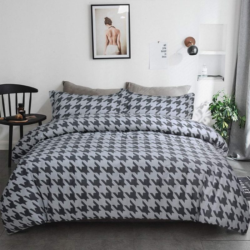 Houndstooth Pussilakanat Check Vuodevaatteet Setti 3 Kpl Mustavalkoinen Harmaa Buffalo Plaid 100% Puhdasta Puuvillaa Ruudullinen Sängynpäällinen Vetoketjuilla