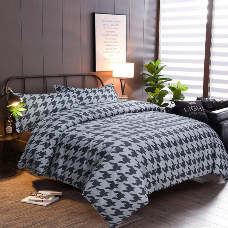 Houndstooth Pussilakanat Check Vuodevaatteet Setti 3 Kpl Mustavalkoinen Harmaa Buffalo Plaid 100% Puhdasta Puuvillaa Ruudullinen Sängynpäällinen Vetoketjuilla