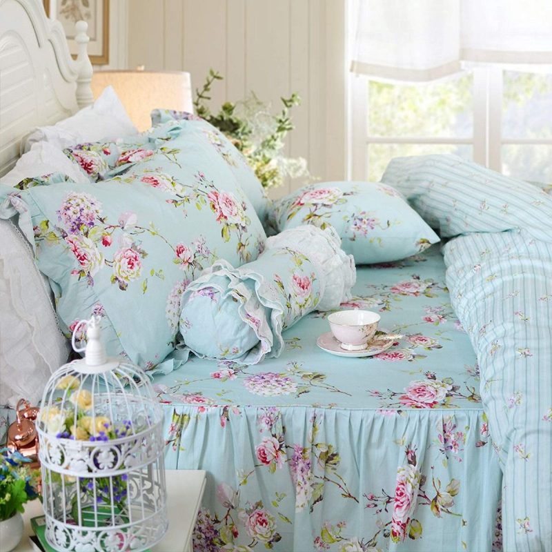 Maalaistalon Vuodevaatteet Shabby Blue Floral Vintage Kukkaprintti Pussilakanasetti Päiväpeite Tyylikäs Ranskalainen Maalaistyylinen Röyhelö 4 Kpl