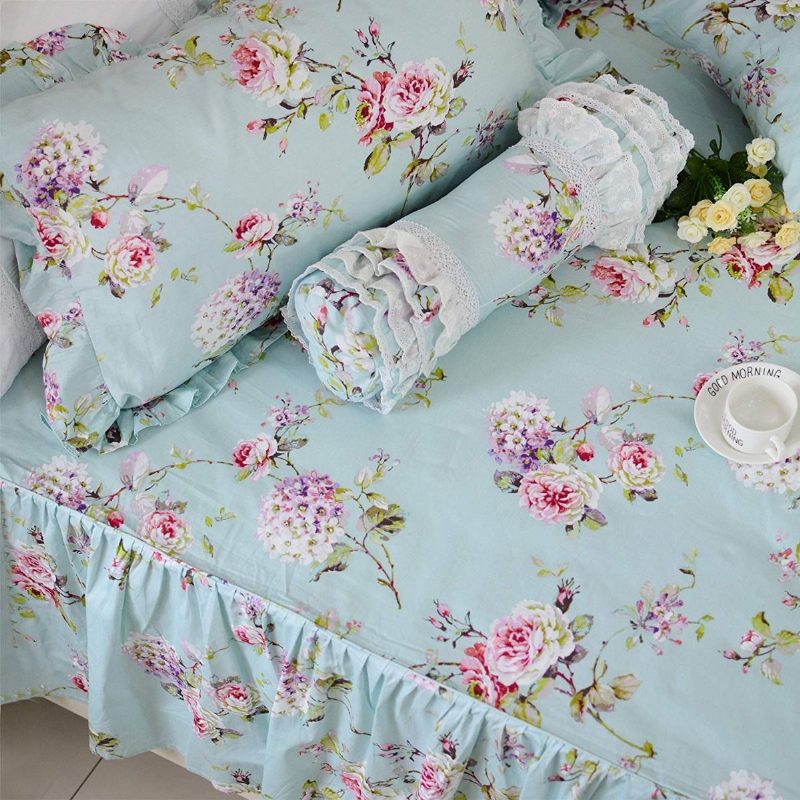 Maalaistalon Vuodevaatteet Shabby Blue Floral Vintage Kukkaprintti Pussilakanasetti Päiväpeite Tyylikäs Ranskalainen Maalaistyylinen Röyhelö 4 Kpl