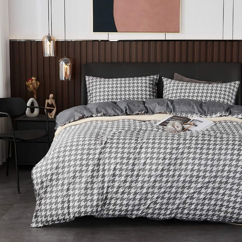 Moderni Vuodevaatteet Setti Muoti Houndstooth Pattern Design Pussilakana Ruutunauhainen Käännettävä Vetoketjupeitto Ja 2 Tyynyliinaa