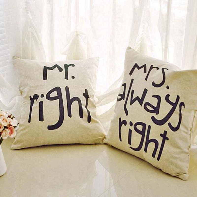 Mr Right Mrs Always Creative Signature Puuvillainen Pellava Tyynynpäällinen Vuodesohva Auton Tyynyliina