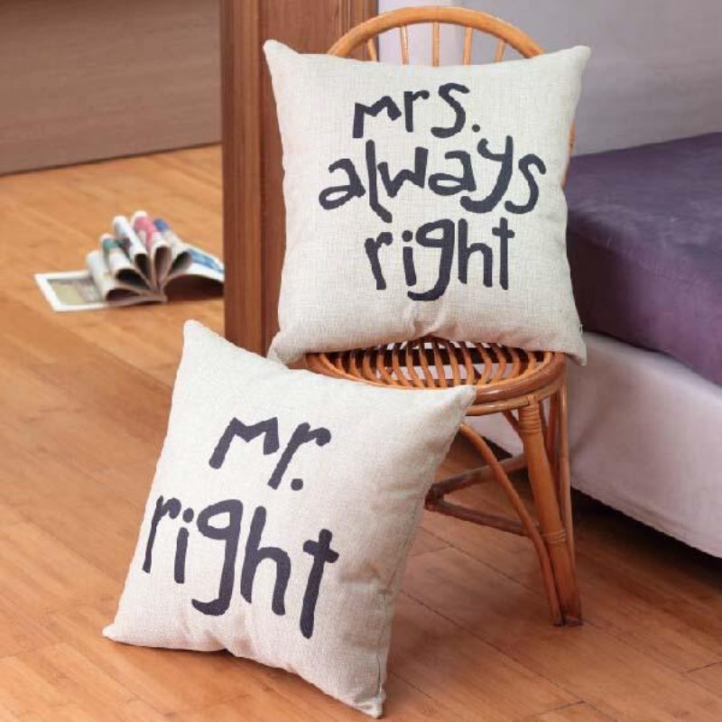 Mr Right Mrs Always Creative Signature Puuvillainen Pellava Tyynynpäällinen Vuodesohva Auton Tyynyliina