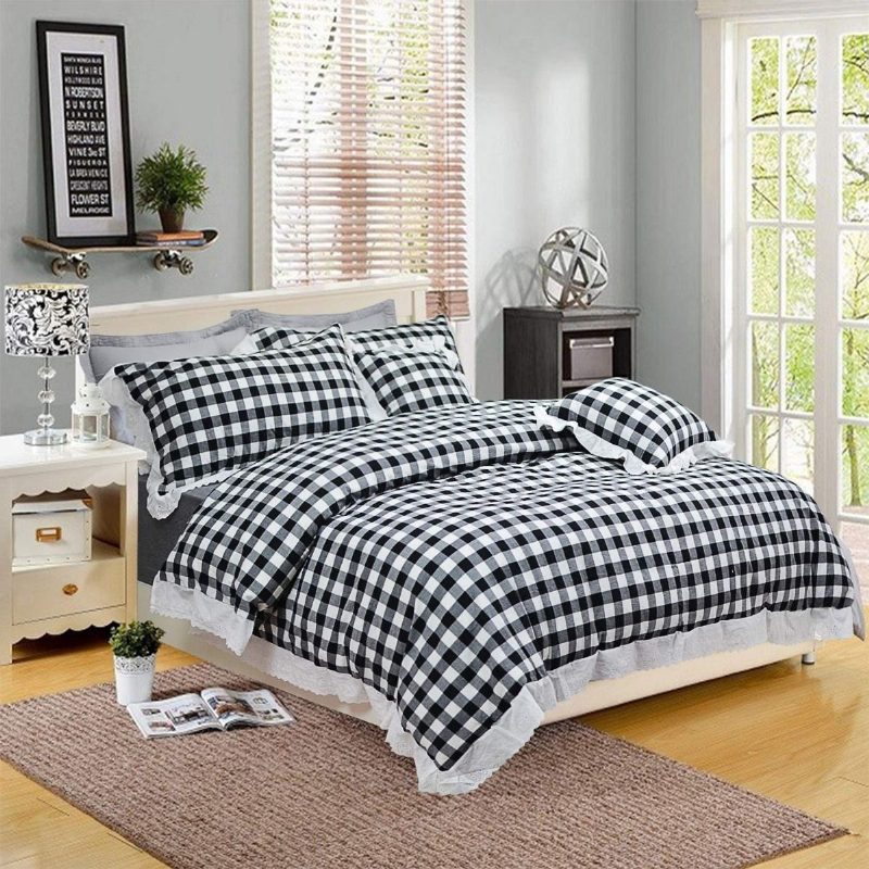 Mustavalkoinen Buffalo Plaid Vuodevaatteet Setti 100% Puuvillaa 4 Kpl Ruffle Pussilakana