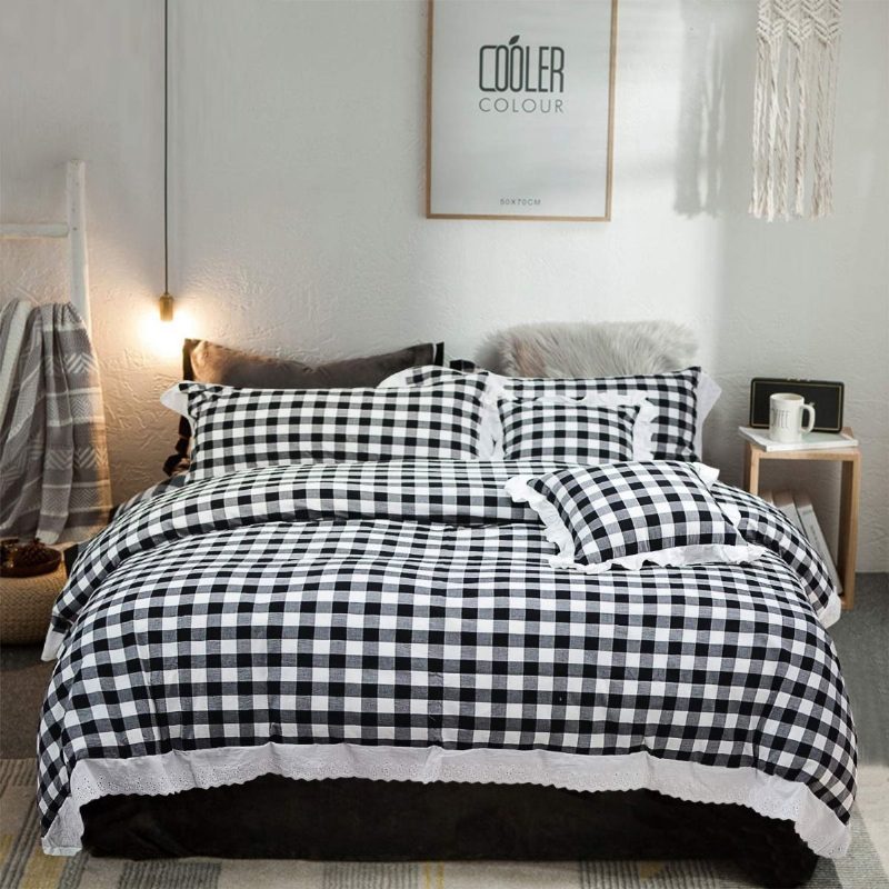 Mustavalkoinen Buffalo Plaid Vuodevaatteet Setti 100% Puuvillaa 4 Kpl Ruffle Pussilakana