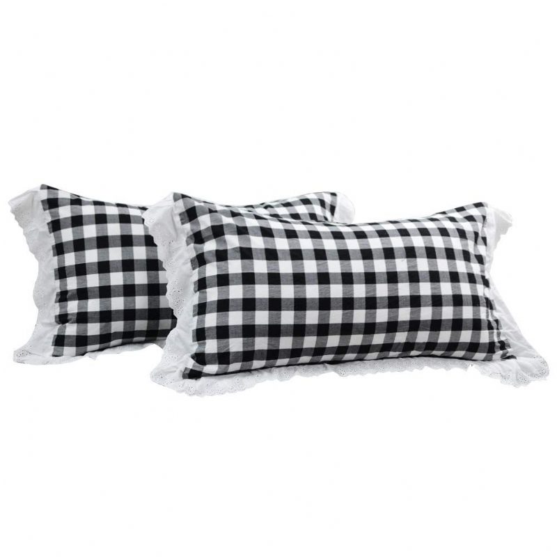 Mustavalkoinen Buffalo Plaid Vuodevaatteet Setti 100% Puuvillaa 4 Kpl Ruffle Pussilakana