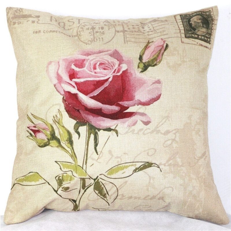 Pellava Tyynyliinapäällinen Vintage Throw Cushion Rose Flowers -tyynyliinat