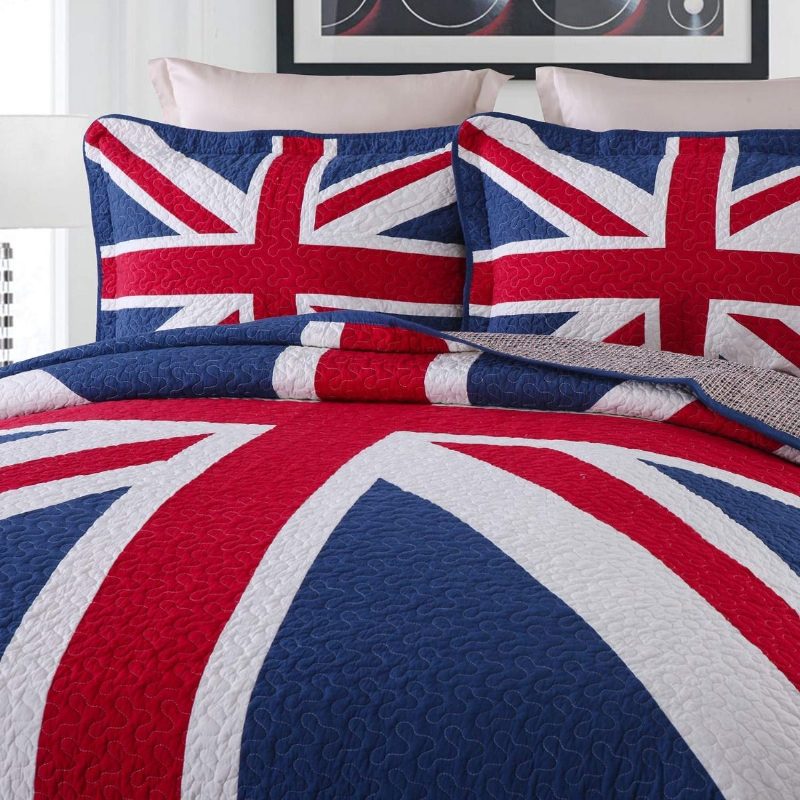 Queen Size British Flag Design Tikattu Peittosarja 100 % Puuvillaa 3 Kpl Peittovuodevaatteet Setit Päiväpeite