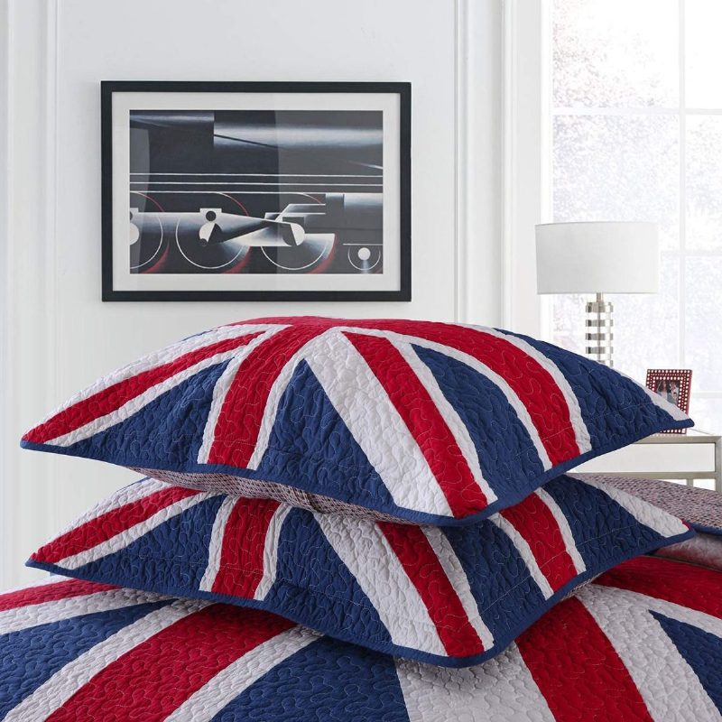 Queen Size British Flag Design Tikattu Peittosarja 100 % Puuvillaa 3 Kpl Peittovuodevaatteet Setit Päiväpeite