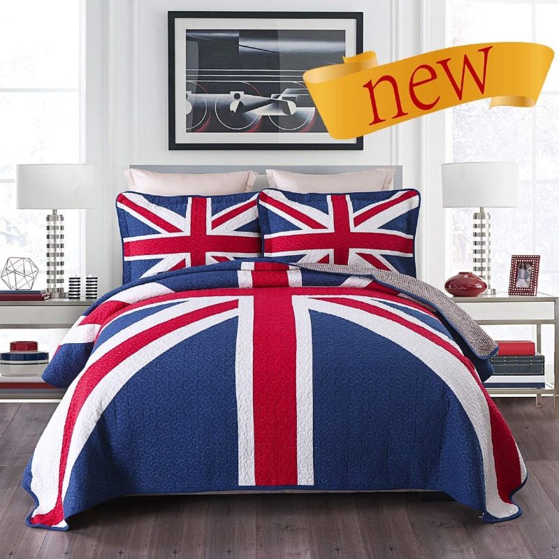 Queen Size British Flag Design Tikattu Peittosarja 100 % Puuvillaa 3 Kpl Peittovuodevaatteet Setit Päiväpeite