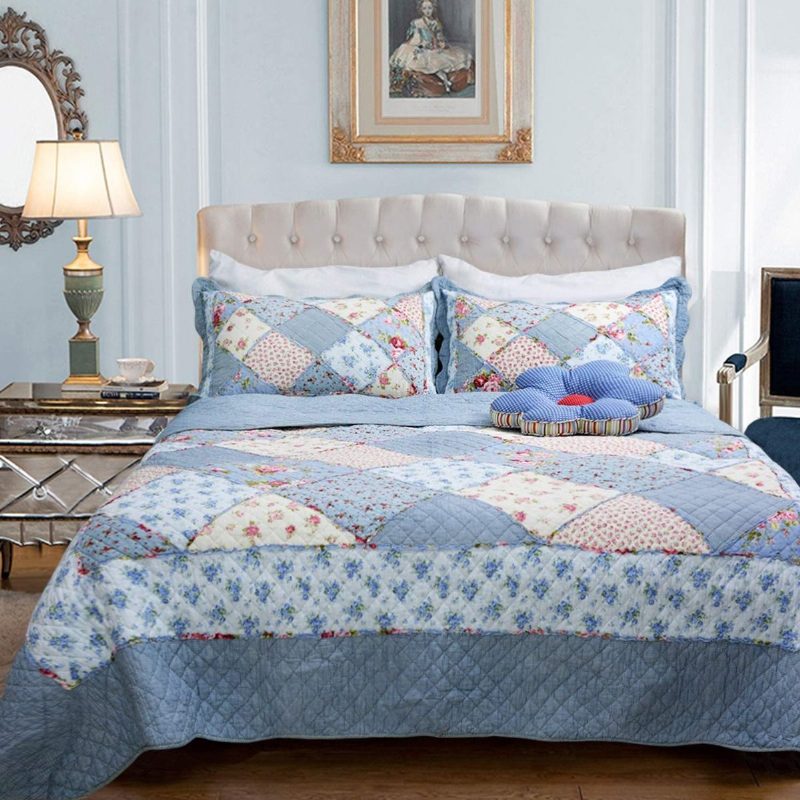 Queen Size Shabby Blue Floral Patchwork Peittosetti Puuvillainen Peittosarja