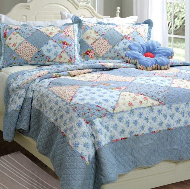 Queen Size Shabby Blue Floral Patchwork Peittosetti Puuvillainen Peittosarja