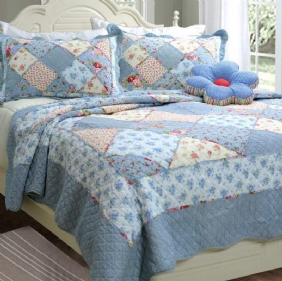 Queen Size Shabby Blue Floral Patchwork Peittosetti Puuvillainen Peittosarja