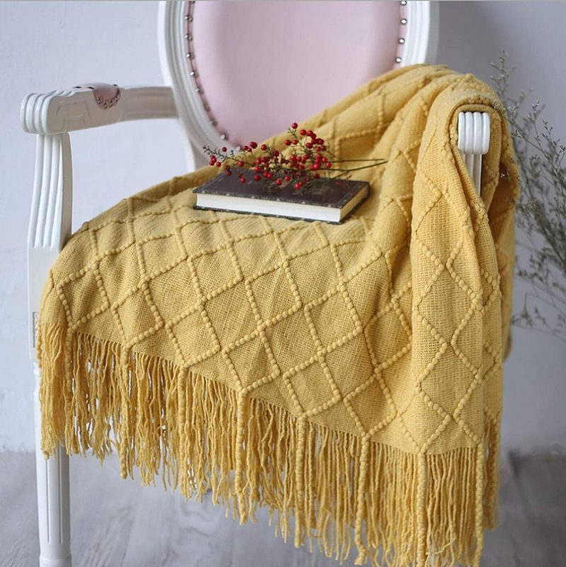 Rhombus Pattern Cozy Knit Throw Peitto Pehmeä Lämmin Kevyt Koristeellinen Hapsupeitto Tupsilla Sohvalle/ Sängylle/ Matkalle Kaikkina Vuodenaikoina Sopii 50×82 Tuumaa