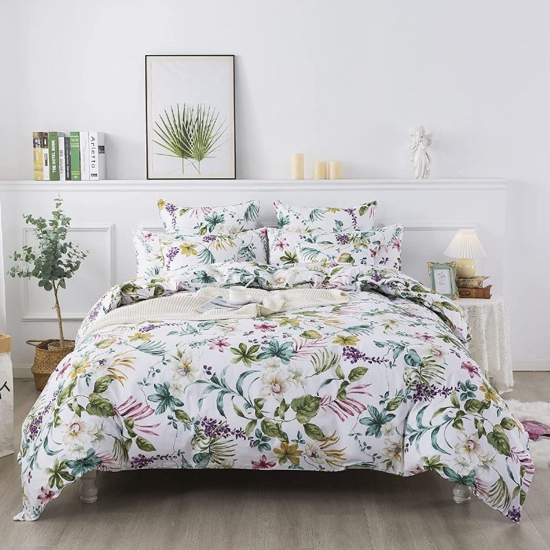 Trooppinen Kukkainen Pussilakanasetti 100 % Puuvillaa 600 Tc Hawaii Flower Palm Leaves Vuodevaatteet Setti 3 Kpl Vetoketjulla Suljettava Peitonpäällinen Ja 2 Tyynyliinaa