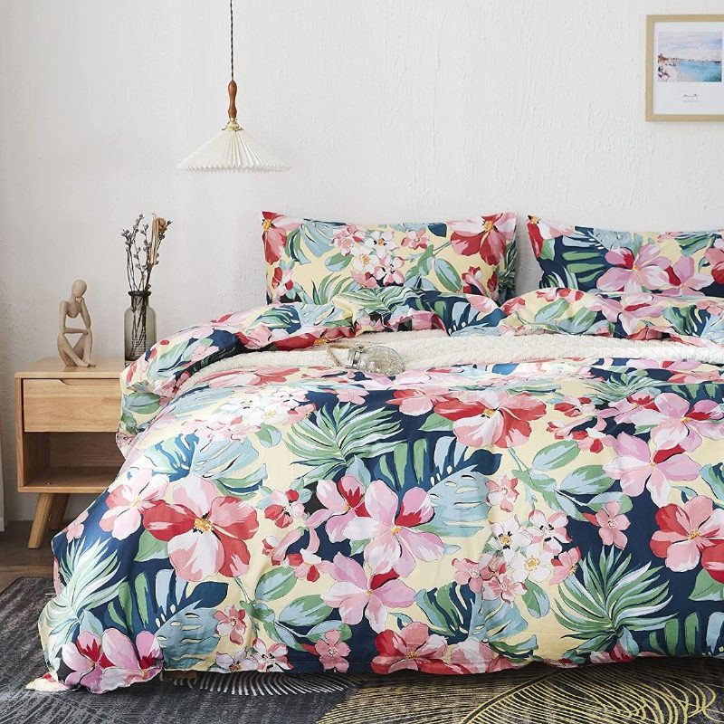 Trooppinen Kukkainen Pussilakanasetti 100 % Puuvillaa 600 Tc Hawaii Flower Palm Leaves Vuodevaatteet Setti 3 Kpl Vetoketjulla Suljettava Peitonpäällinen Ja 2 Tyynyliinaa