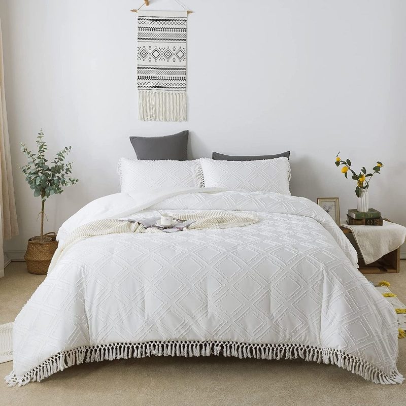 Tufted Rombus Tupsu Fringed Design Bohemian Peittosetti Queen Size Tyttöjen Valkoinen Vuodevaatteet Setti Peitto Tyynyliinoilla