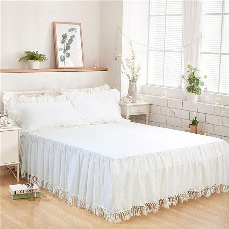 Tupsu Ruffle Bed Hame 100 % Pesty Puuvilla Solid White Bohemian Boho Vuodevaatteet