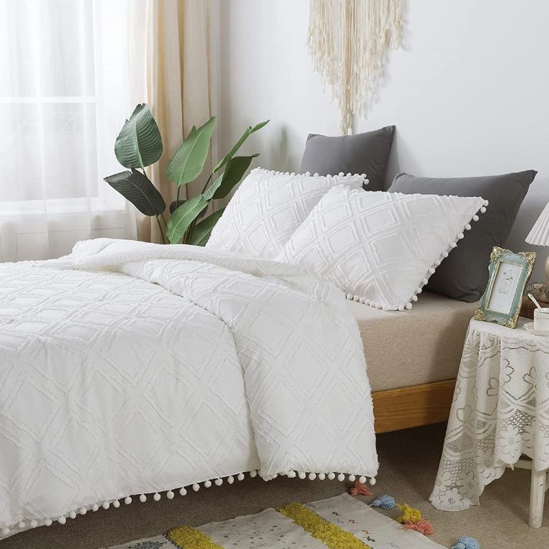 Tyttöjen Queen-size-peittosetti Tuftaiset Rombiset Pompot Hapsutetut Design Bohemian Comfort -valkoiset Vuodepeitot Tyynyliinoilla