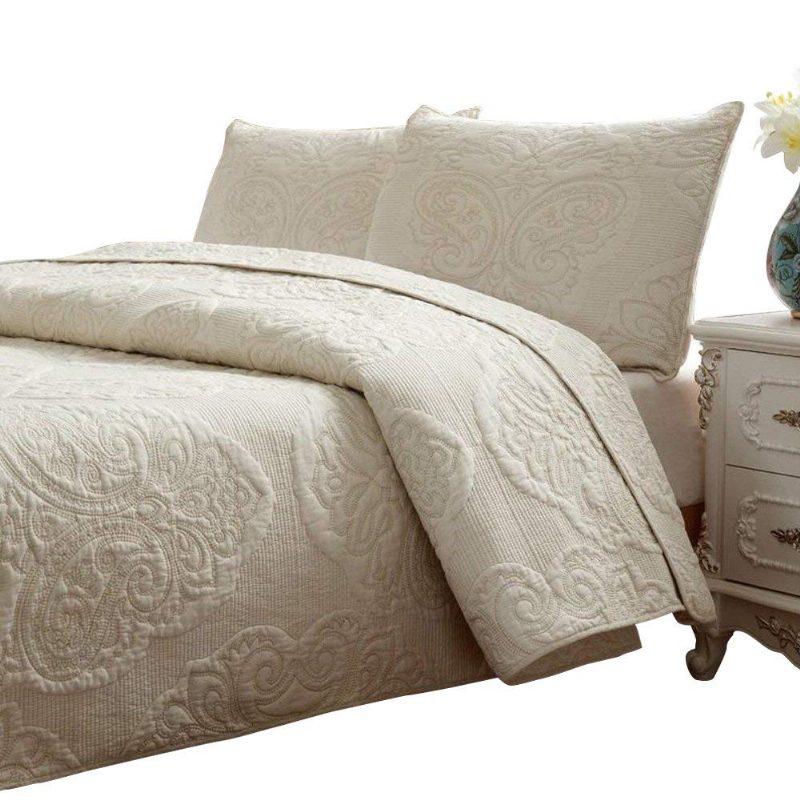 Valkoinen Beige Vintage Kukkapeittosetti Queen Size Bed -peittosetti