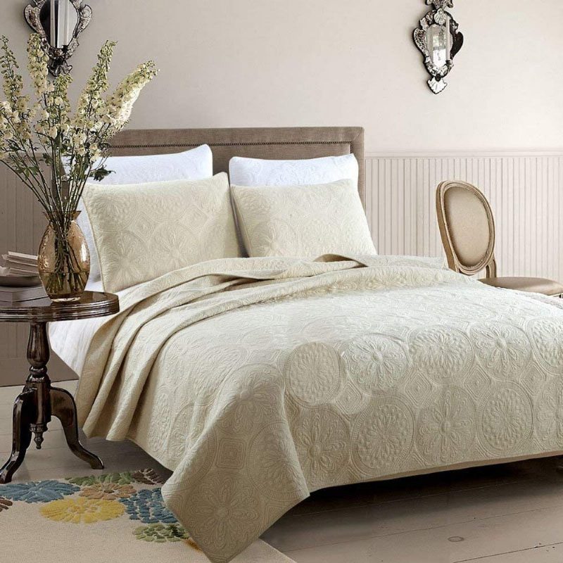 Valkoinen Beige Vintage Kukkapeittosetti Queen-size-vuodepeittosetti (beige Kukka)