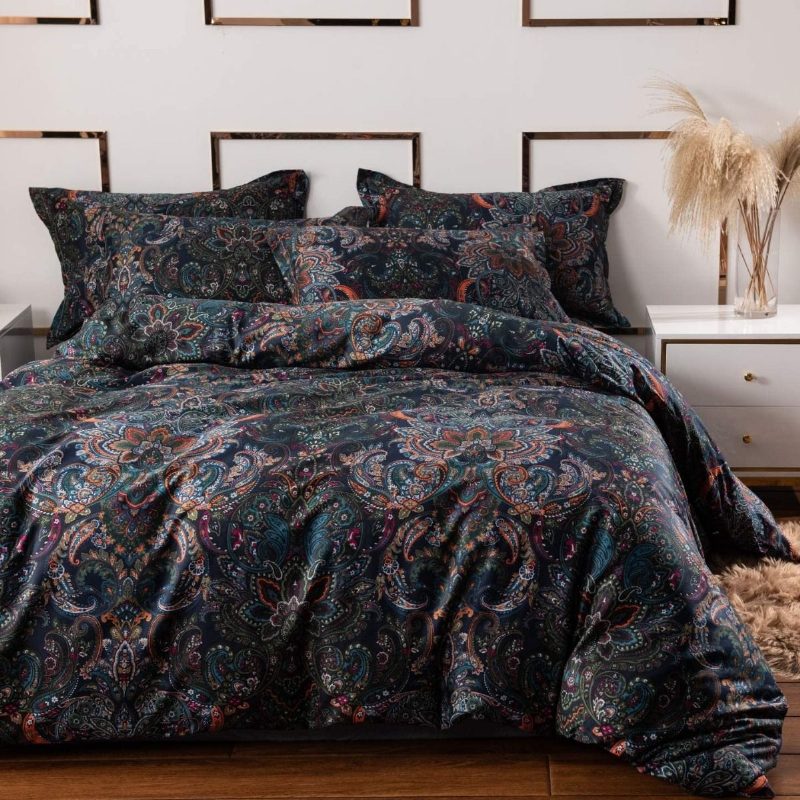 Vintage Paisley Vuodevaatteet Setti 3 Kpl Maalaismainen Musta Damask Pussilakana 100 % Harjattua Puuvillaa Vetoketjukiinnitys Boho Vuodevaatekokoelmat