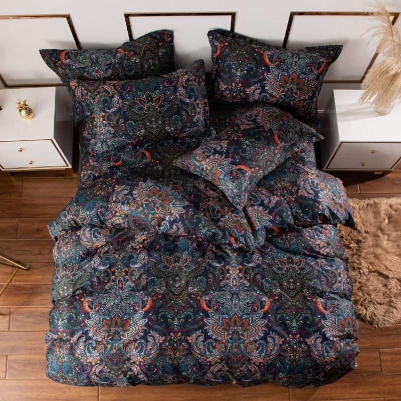 Vintage Paisley Vuodevaatteet Setti 3 Kpl Maalaismainen Musta Damask Pussilakana 100 % Harjattua Puuvillaa Vetoketjukiinnitys Boho Vuodevaatekokoelmat