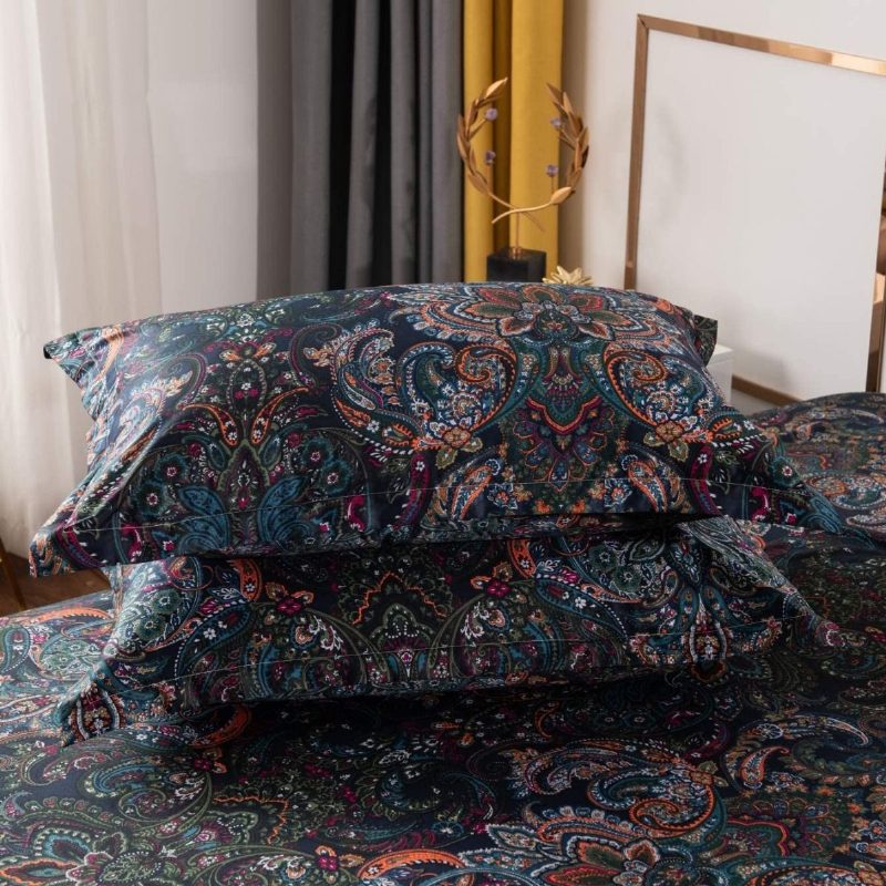 Vintage Paisley Vuodevaatteet Setti 3 Kpl Maalaismainen Musta Damask Pussilakana 100 % Harjattua Puuvillaa Vetoketjukiinnitys Boho Vuodevaatekokoelmat