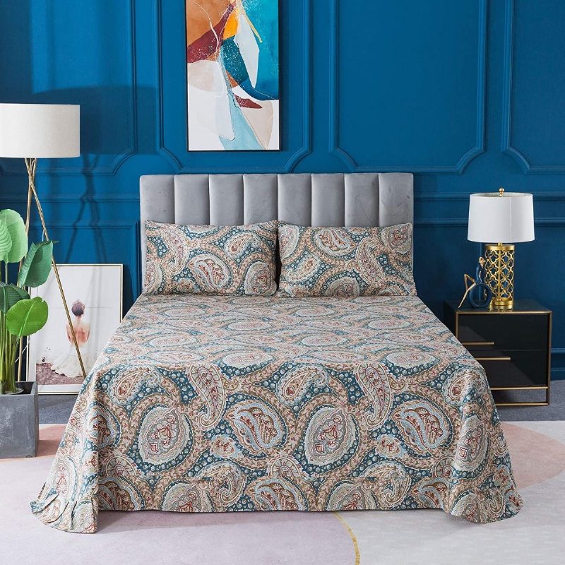 Ylellinen Paisley 4 Kpl Lakanat Setti Tyylikäs Sininen Ja Kulta Kukkainen Maalaistalon Vuodevaatteet Elegent Blue 100 % Puuvillaa Superpehmeä Syvällä Taskulla Varustettu Lakana