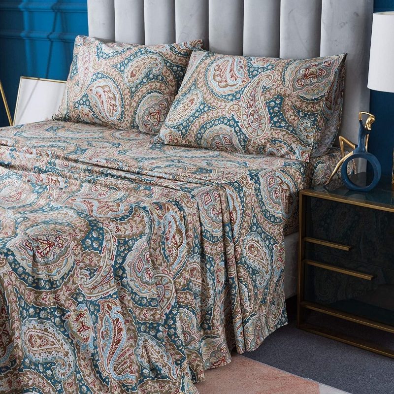 Ylellinen Paisley 4 Kpl Lakanat Setti Tyylikäs Sininen Ja Kulta Kukkainen Maalaistalon Vuodevaatteet Elegent Blue 100 % Puuvillaa Superpehmeä Syvällä Taskulla Varustettu Lakana