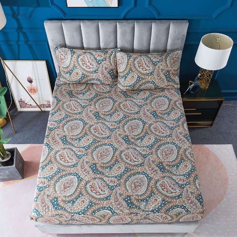 Ylellinen Paisley 4 Kpl Lakanat Setti Tyylikäs Sininen Ja Kulta Kukkainen Maalaistalon Vuodevaatteet Elegent Blue 100 % Puuvillaa Superpehmeä Syvällä Taskulla Varustettu Lakana