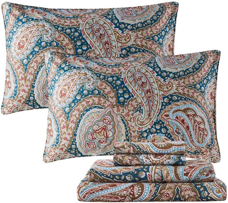 Ylellinen Paisley 4 Kpl Lakanat Setti Tyylikäs Sininen Ja Kulta Kukkainen Maalaistalon Vuodevaatteet Elegent Blue 100 % Puuvillaa Superpehmeä Syvällä Taskulla Varustettu Lakana