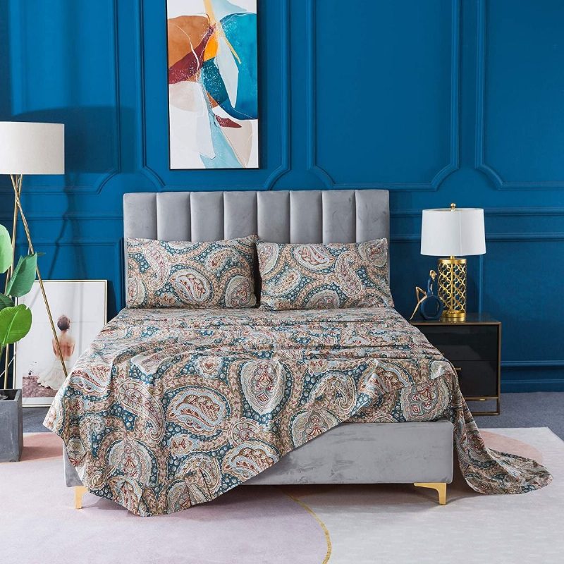 Ylellinen Paisley 4 Kpl Lakanat Setti Tyylikäs Sininen Ja Kulta Kukkainen Maalaistalon Vuodevaatteet Elegent Blue 100 % Puuvillaa Superpehmeä Syvällä Taskulla Varustettu Lakana