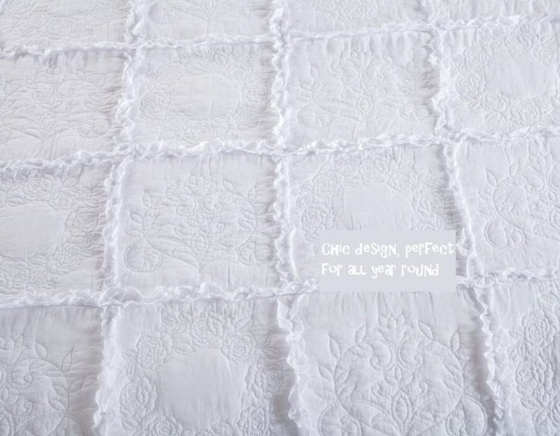 Ylellinen Valkoinen Patchwork Kevyt Peittosarja 3 Kpl Queen Size - Tikattu Peittosetti Päiväpeitosetti