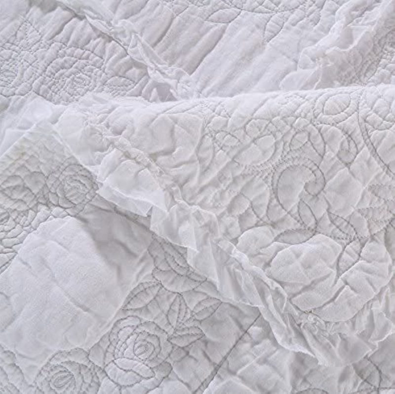 Ylellinen Valkoinen Patchwork Kevyt Peittosarja 3 Kpl Queen Size - Tikattu Peittosetti Päiväpeitosetti