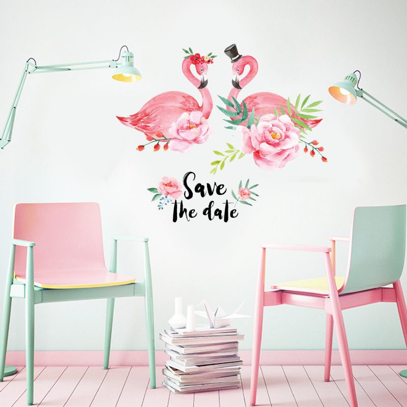 Miico Creative Pink Love Couple Flamingo Flower Pvc Irrotettava Kotihuoneen Koristeellinen Sisustustarra