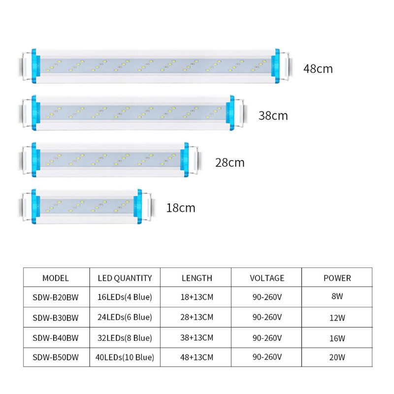 18-48cm Akvaariolamppu Akvaario Led-valaistus Jatkettavalla Kannakkeella Valkoiset Ja Siniset Ledit Sopivat Akvaarioon